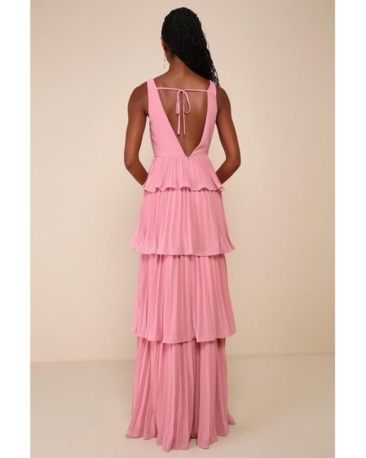 Lulus Pink Mesmerizing Essence Pleated Backless Tiered Maxi Dress