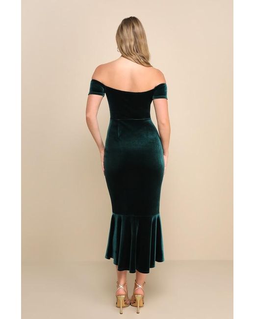 Lulus Multicolor How Much I Care Emerald Velvet Off-The-Shoulder Midi Dress