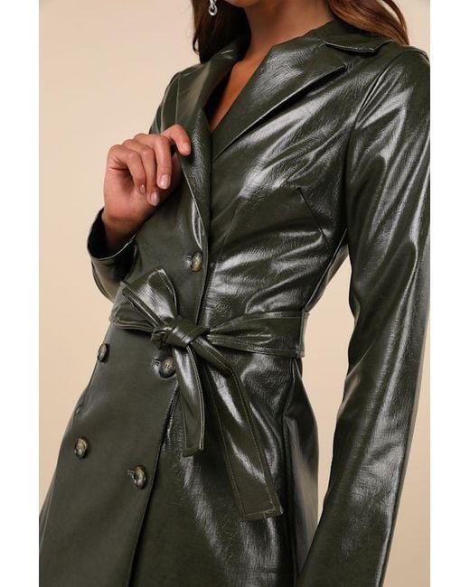 Lulus Green High-Class Option Dark Faux Leather Trench Dress