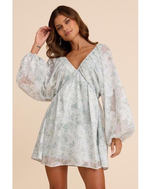 Lulus Gray Halen Floral Long Sleeve Mini Dress