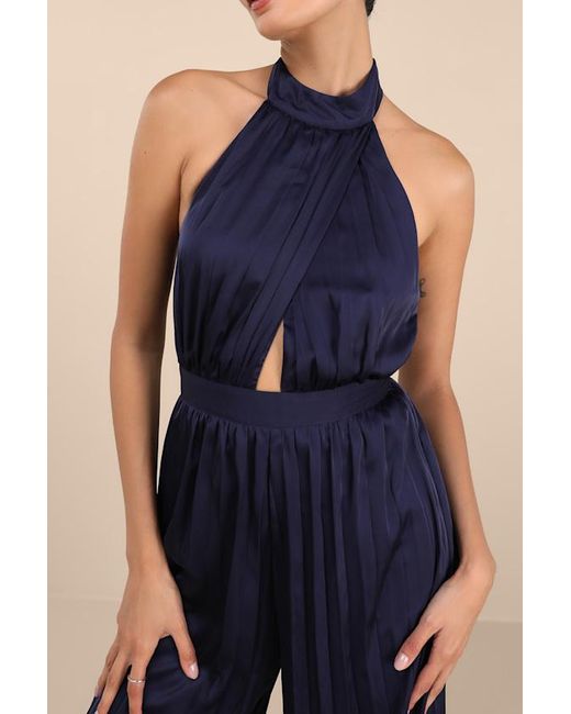Lulus Blue Confident Impression Satin Pleated Halter Jumpsuit