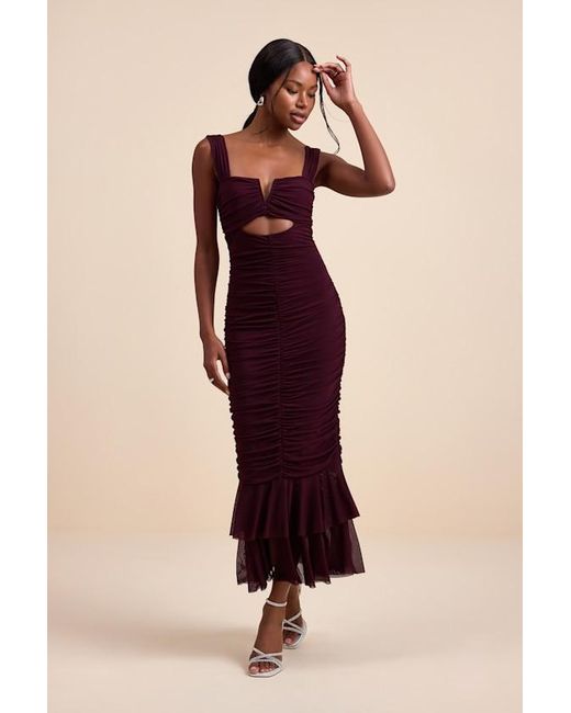 Lulus Red Aelara Dark Plum Mesh Ruched Trumpet Midi Dress