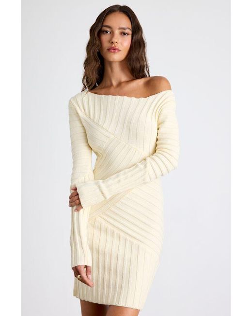 Lulus Natural Penelope Cream Ribbed Off-The-Shoulder Sweater Mini Dress