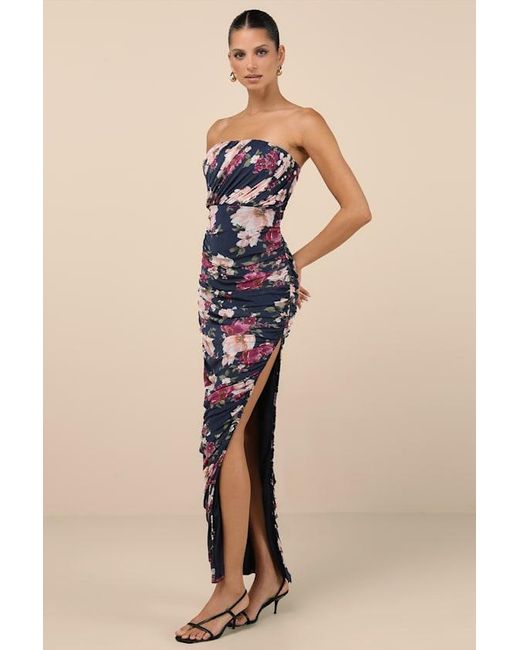 Lulus Blue Averie Floral Mesh Strapless Maxi Dress