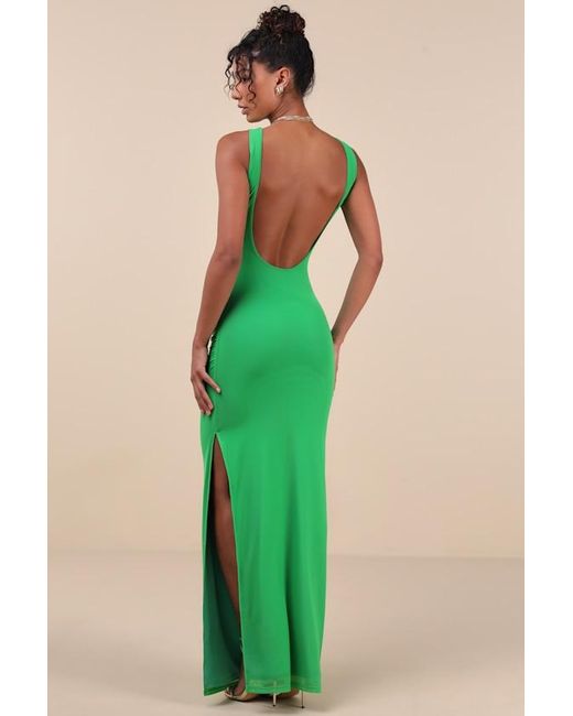 Lulus Green Karise Mesh Ruched Backless Maxi Dress
