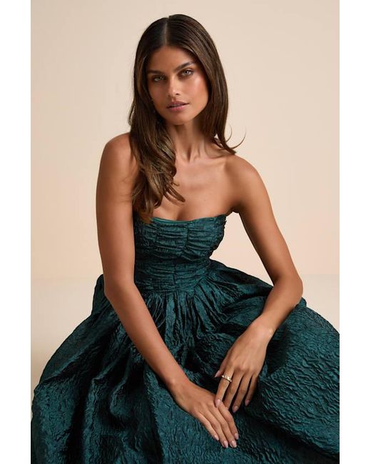 Lulus Blue Analeia Dark Jacquard Lace-Up Strapless Midi Dress