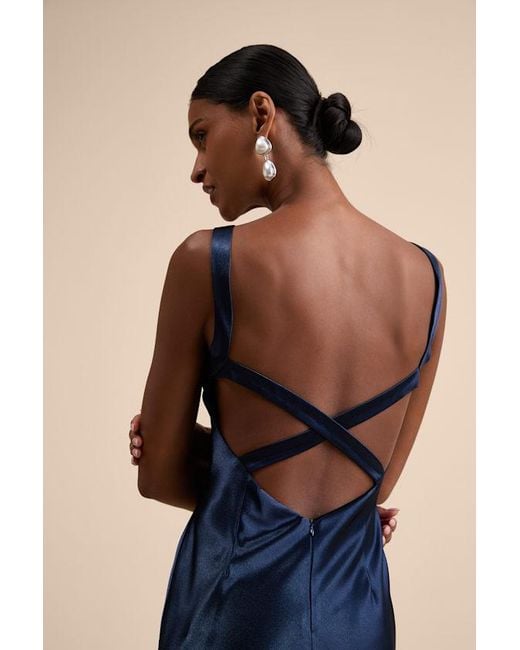 Lulus Blue Perfectly Classy Satin Strappy Maxi Dress