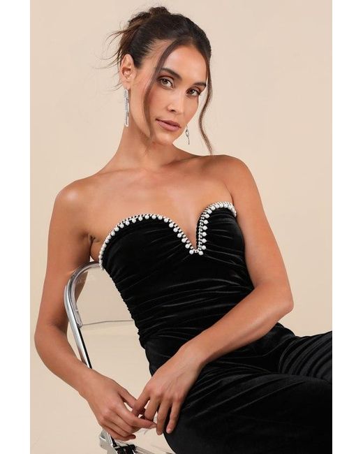 Lulus Black Fabulous Instinct Velvet Pearl Strapless Jumpsuit
