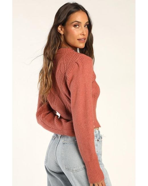 Lulus Red Snow Day Romance Terracotta Cable Knit Cropped Sweater