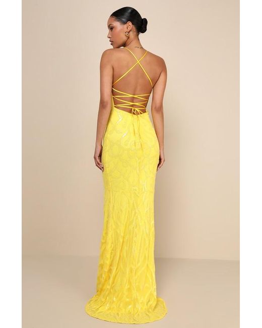 Lulus Yellow Perfect Enchantment Sequin Lace-Up Mermaid Maxi Dress