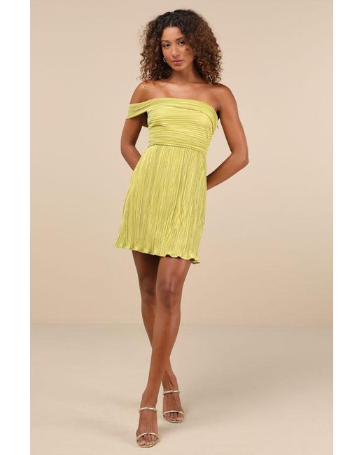 Lulus Yellow Poised Performance Chartreuse Plisse One-Shoulder Mini Dress