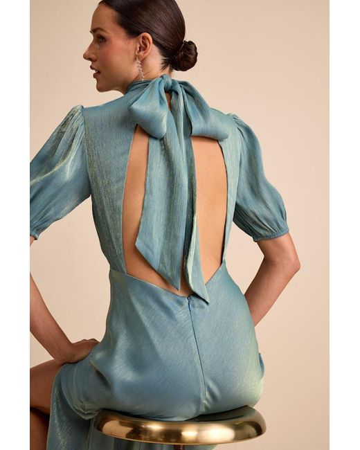Lulus Green Talira Satin Lurex Mock Neck Cutout Maxi Dress