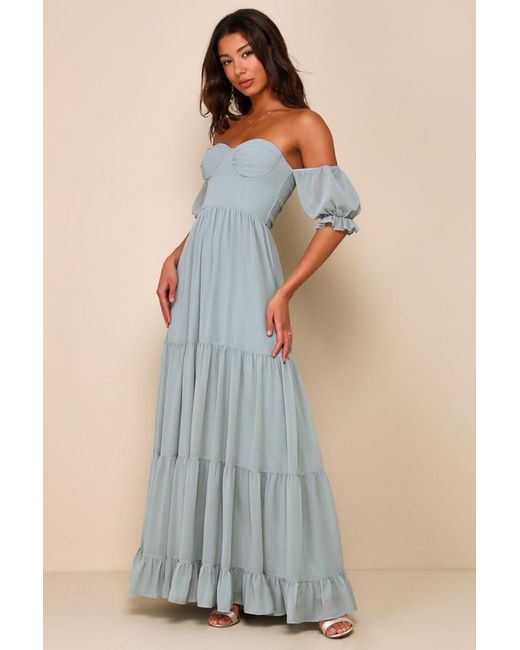 Lulus Blue Exceptionally Gorgeous Sage Chiffon Off-The-Shoulder Maxi Dress