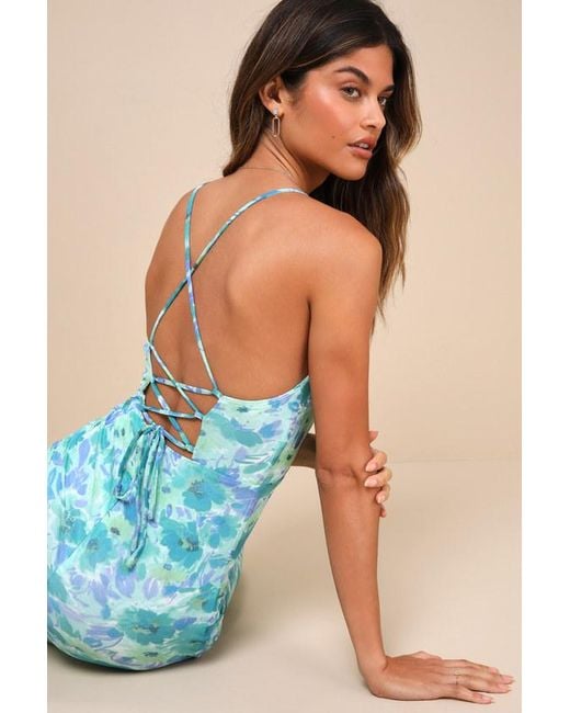 Lulus Blue Total Crush Floral Print Mesh Lace-Up Midi Dress