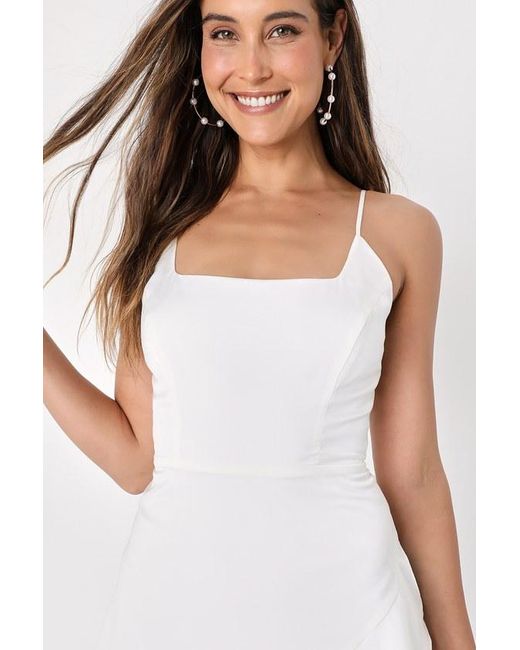 Lulus White Romantic Angel Satin Square Neck Ruffled Mini Dress