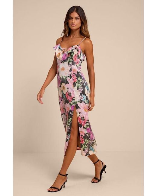 Lulus Natural Kayla Multi Floral Ruffled Midi Dress