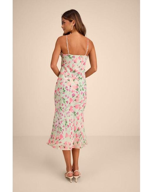 Lulus Natural Oshia Sage Multi Floral Ruffled Midi Dress