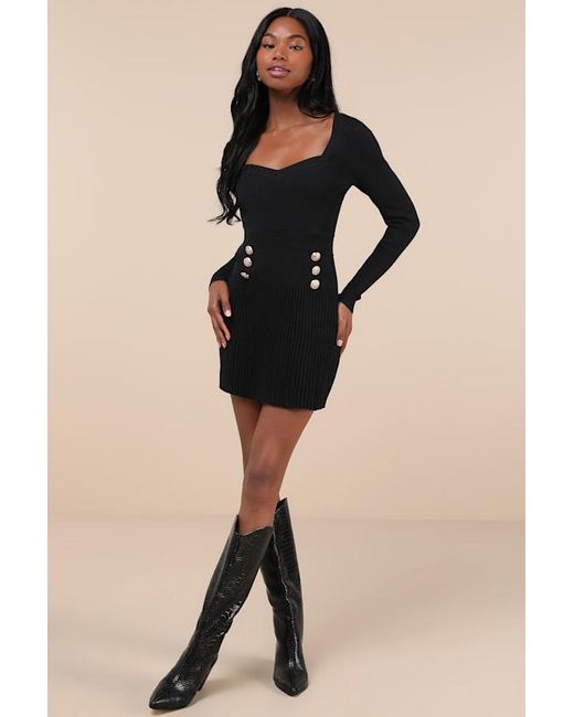 Lulus Black Chicest Crush Ribbed Long Sleeve Mini Sweater Dress