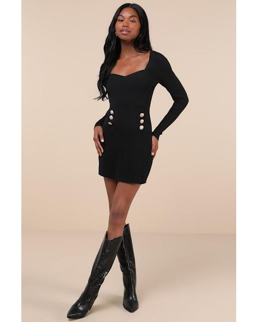 Lulus Black Chicest Crush Ribbed Long Sleeve Mini Sweater Dress