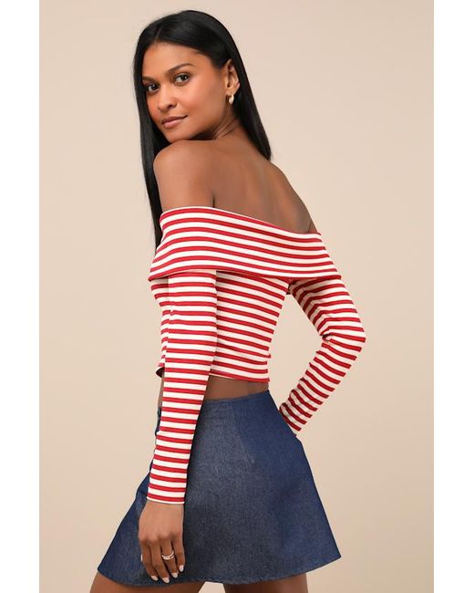 Lulus Red Danon And Cream Striped Rosette Off-The-Shoulder Top