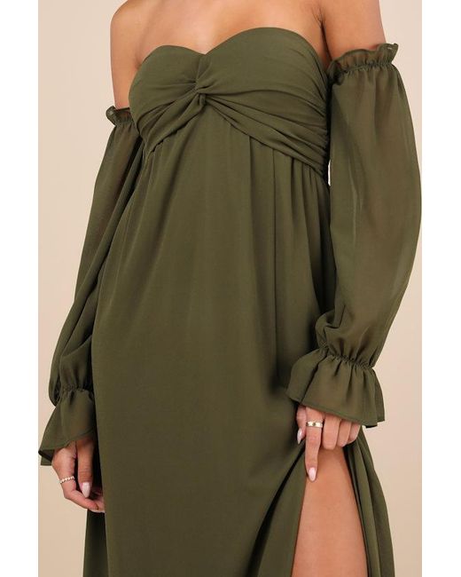 Lulus Green Glorious Invite Knotted Off-The-Shoulder Maxi Dress