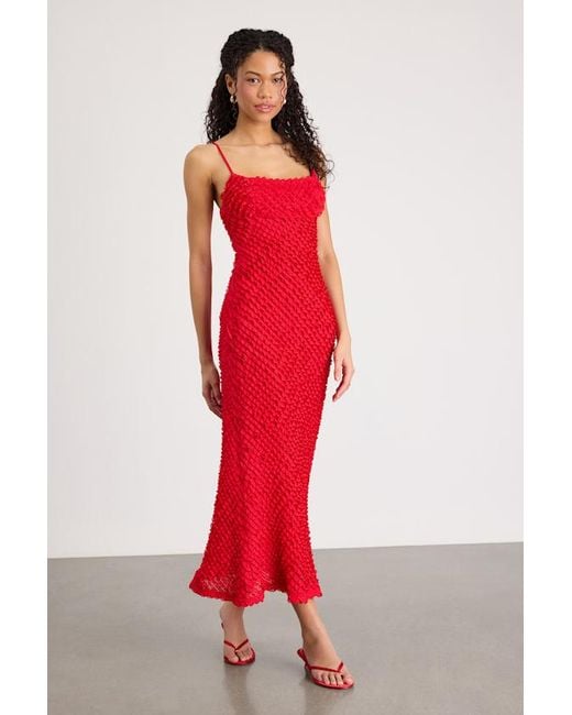 Lulus Red Noria Ruffled Lace Slip Midi Dress