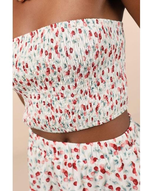 Lulus White Chelan Cherry Print Smocked Strapless Crop Top