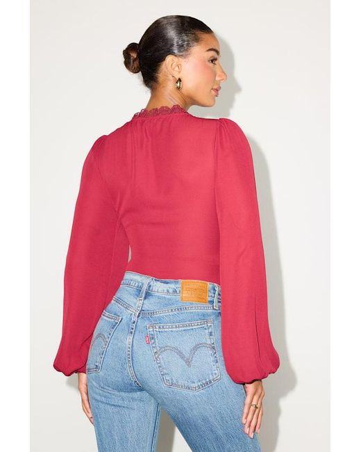 Lulus Red Cadria Long Sleeve Ruched Bodysuit