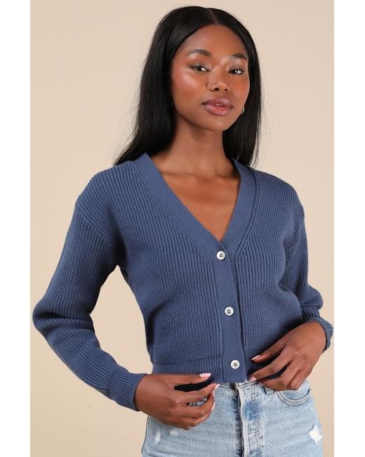 Lulus Blue Toasty Babe Knit Button-Up Cropped Cardigan