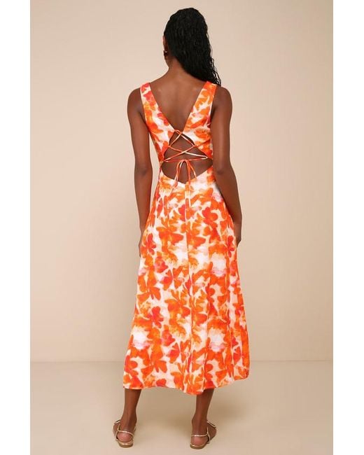 Lulus Orange Vivacious Charm Floral Cutout Lace-Up A-Line Midi Dress