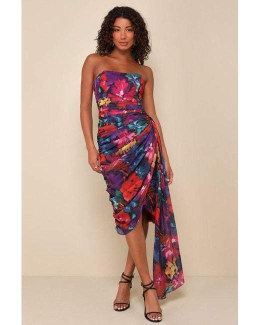 Lulus Red Uncommon Aesthetic Floral Strapless Bodycon Midi Dress