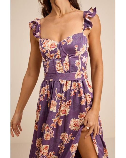 Lulus Purple Sweet Like Sangria Floral Ruffled Bustier Midi Dress