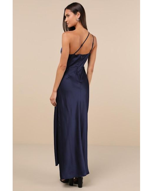 Lulus Blue Signature Elegance Satin One-Shoulder Maxi Dress