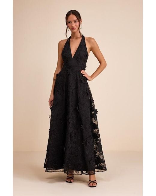 Lulus Black Kennia 3D Floral Embroidered Halter Maxi Dress