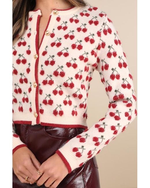 Lulus Red Warmly Adorable Cream And Cherry Cardigan Sweater