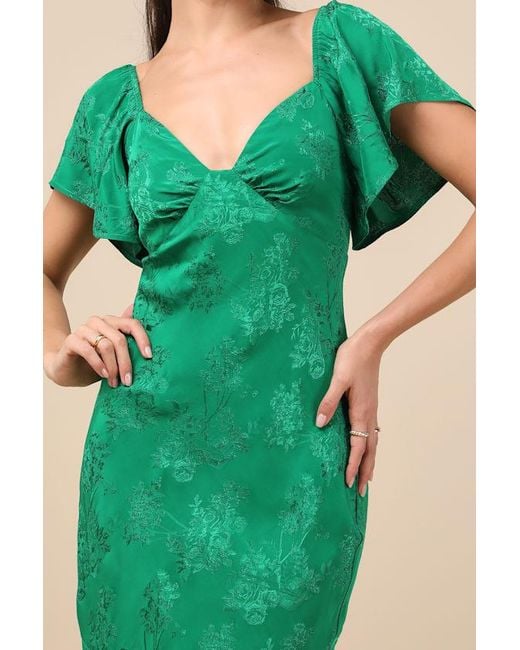 Lulus Green Effervescent Afternoon Satin Flutter Sleeve Midi Dress