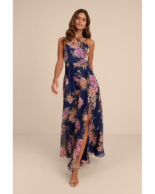 Lulus Blue Romantic Marvel Floral Print Halter Neck Maxi Dress