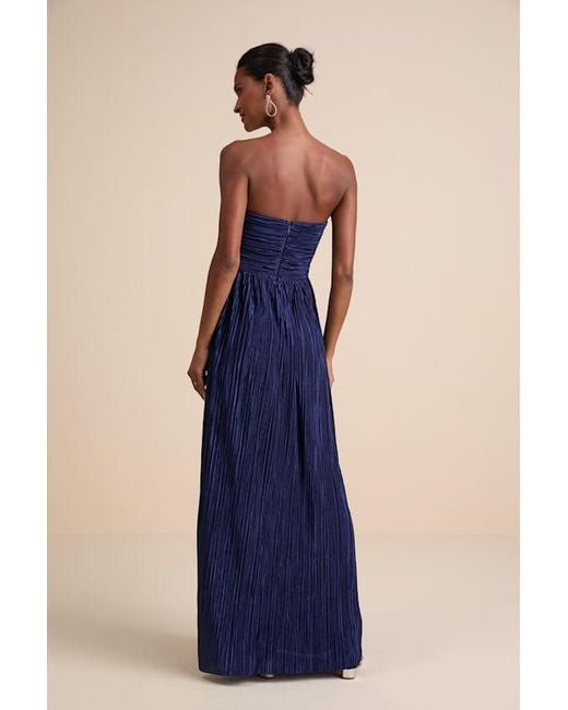 Lulus Blue Oswin Satin Plisse Strapless Maxi Dress