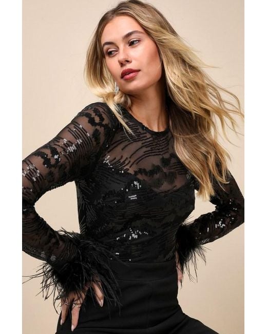 Lulus Black Limitless Radiance Sequin Feather Long Sleeve Jumpsuit