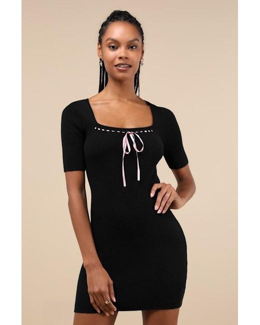 Lulus Black Adorable Motivation Ribbed Ribbon Sweater Mini Dress