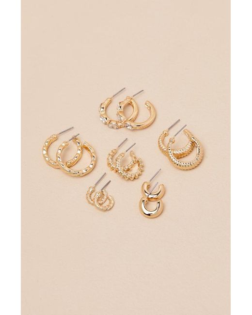 Lulus Natural Makana Textured Rhinestone Six-Piece Hoop Earring Set