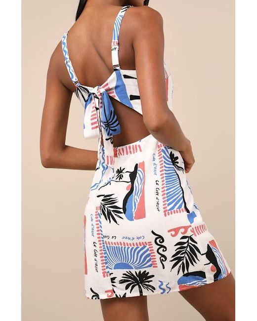 LOST AND WANDER White Azure Paradiso Multi Print Tie-Back Mini Dress