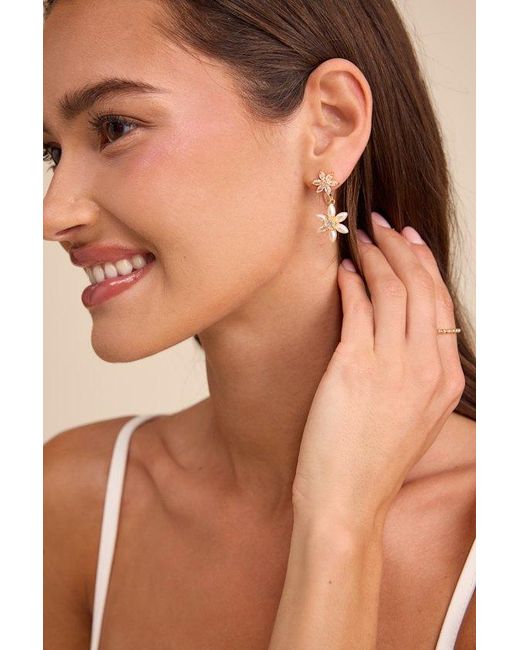 Lulus Natural Ira 14Kt Rhinestone Pearl Flower Drop Earrings