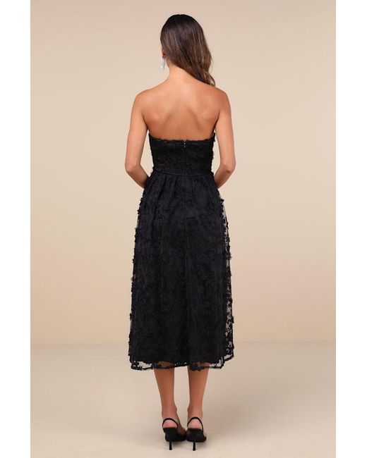 Lulus Black Quite Perfect Floral Embroidered Strapless Midi Dress