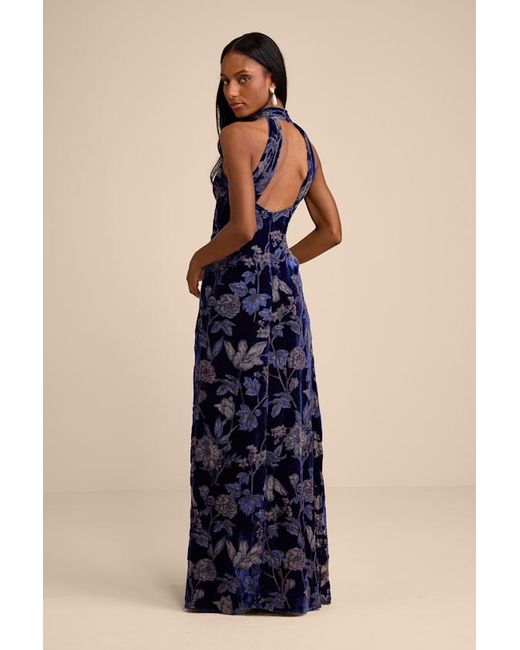 Lulus Blue Amberline Velvet Burnout Halter Maxi Dress