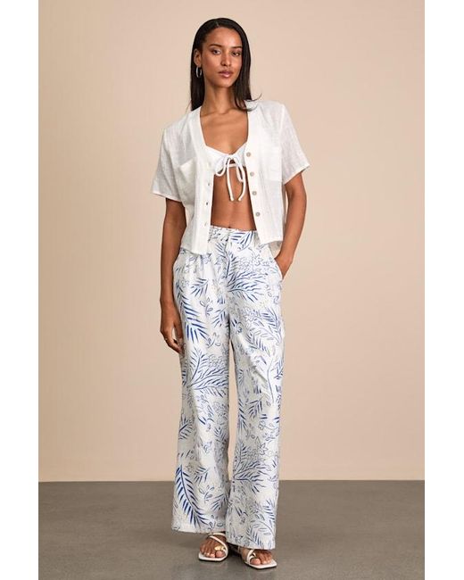 Lulus Natural Amarae Ivory And Floral Print Wide-Leg Trouser Pants