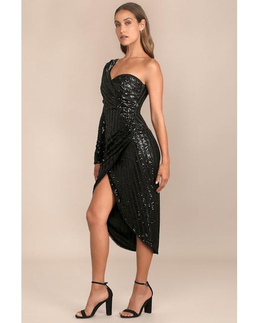 Lulus Black Elegant Occasion Sequin One-Shoulder Midi Dress