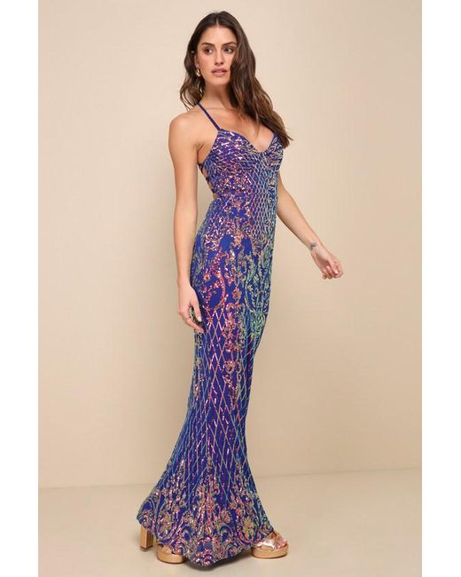 Lulus Blue Shimmering Aura Royal Iridescent Sequin Lace-Up Maxi Dress