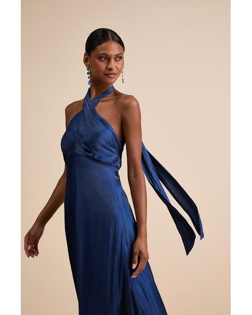 Lulus Blue Canley Satin Cross-Front Halter Maxi Dress