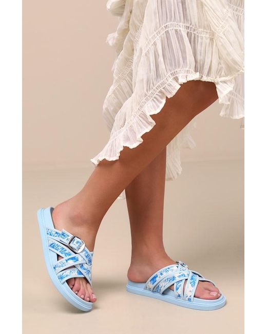 Lulus Blue Killian Tropical Print Slide Sandals